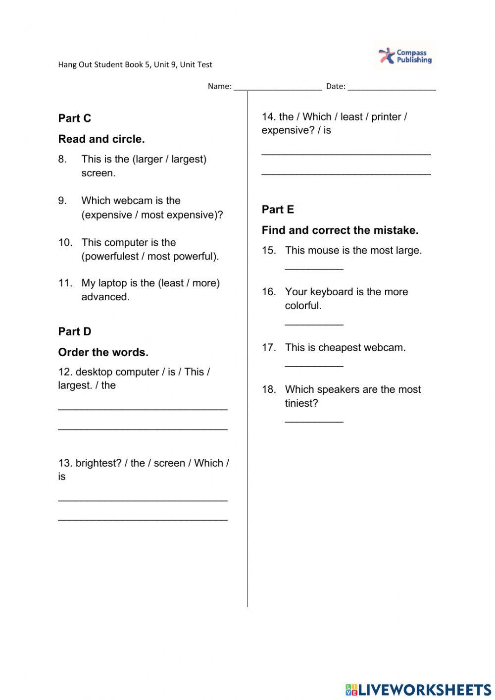 HO5 - Unit test - Unit 9 online exercise for | Live Worksheets