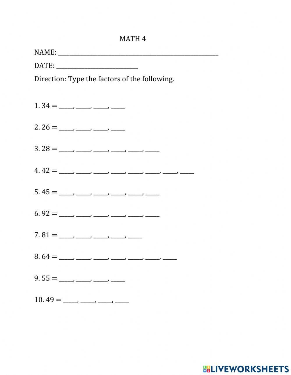 Factors liveworksheets 2190313