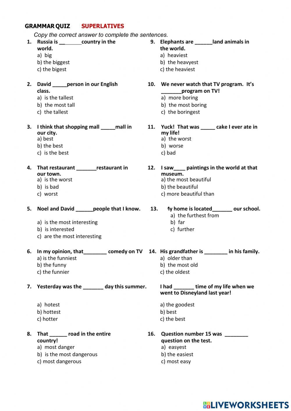 Superlatives and comparatives quiz liveworksheets