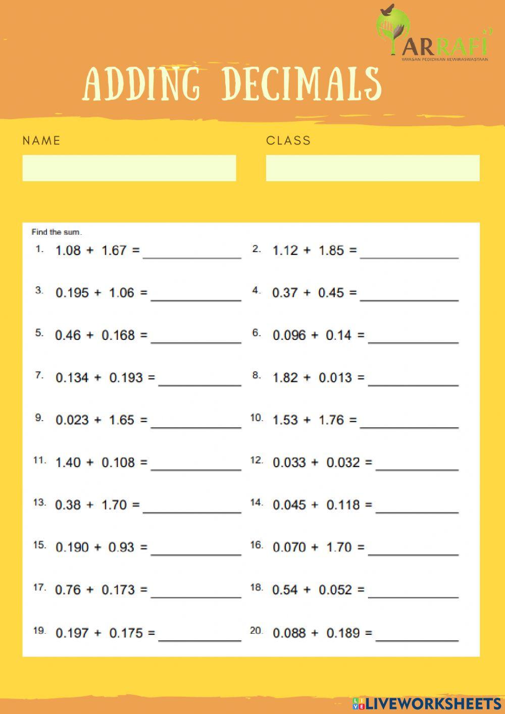 Adding Decimals interactive exercise | Live Worksheets
