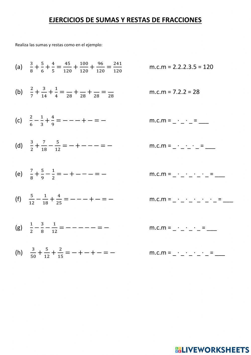 SUMA y RESTA fracciones 1º y 2º ESO
