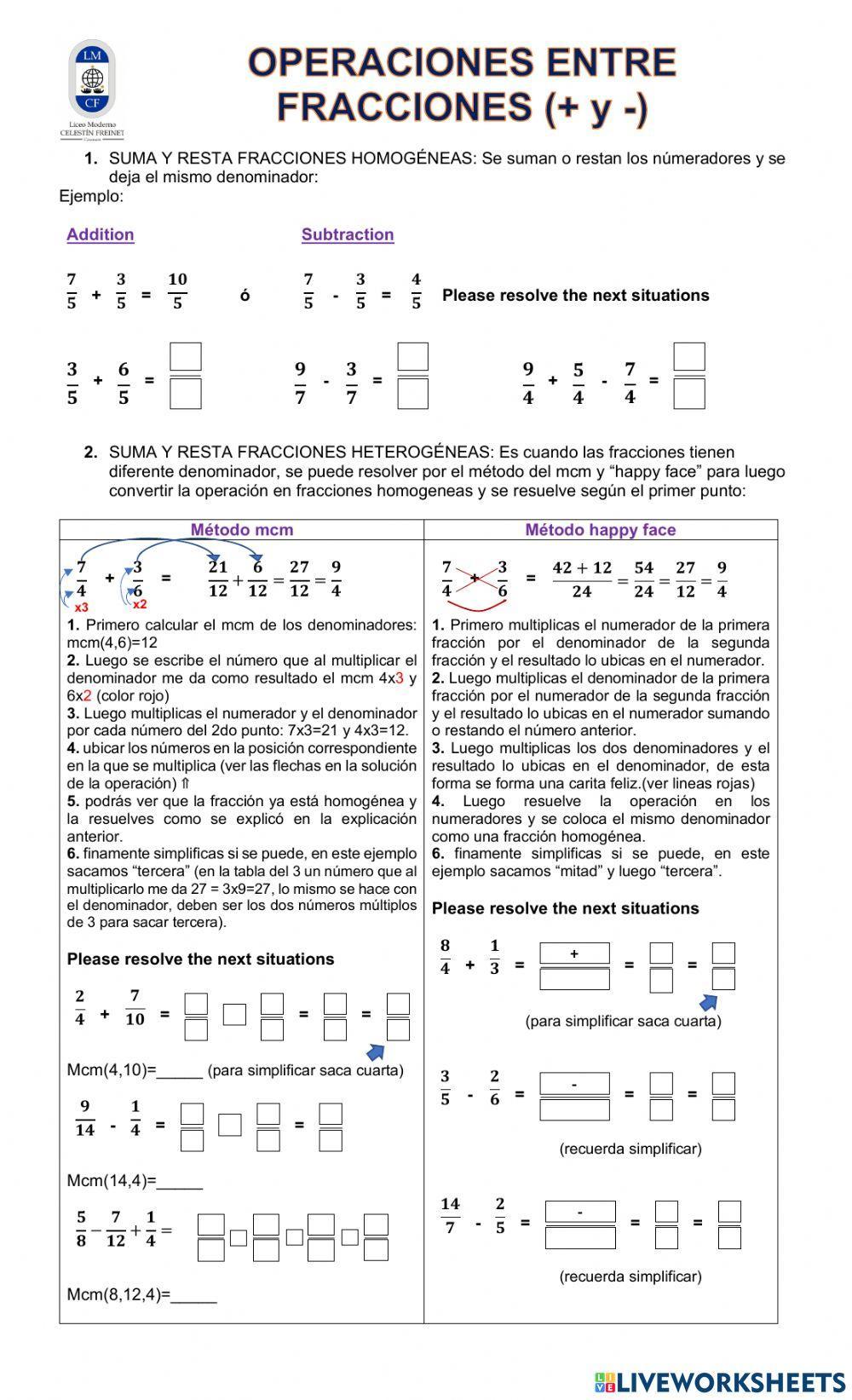 Suma y resta de fraccionarios