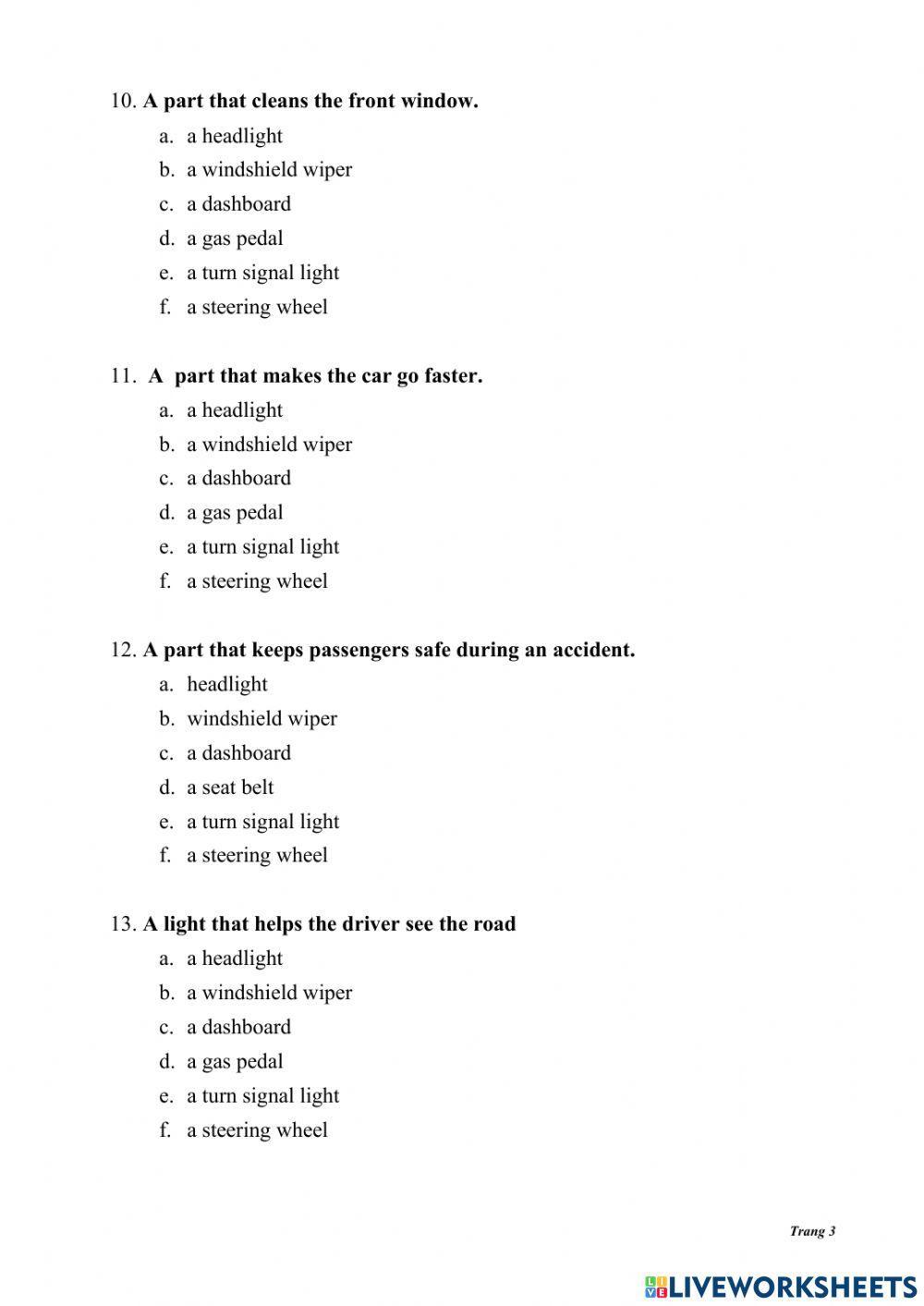 Tn2unit4multiple choice- car parts