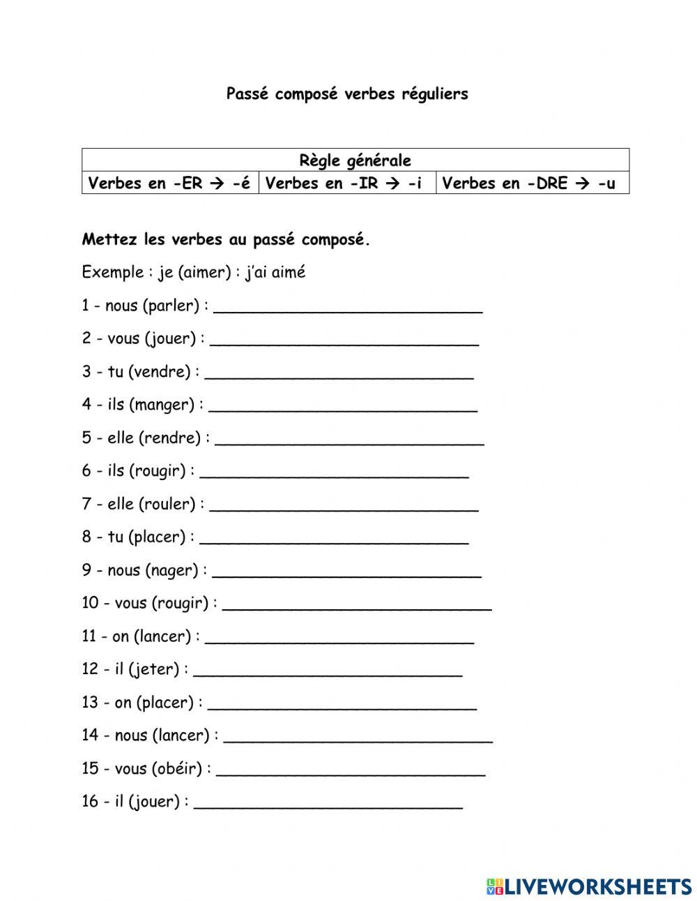 Passé Composé Verbes réguliers - avoir