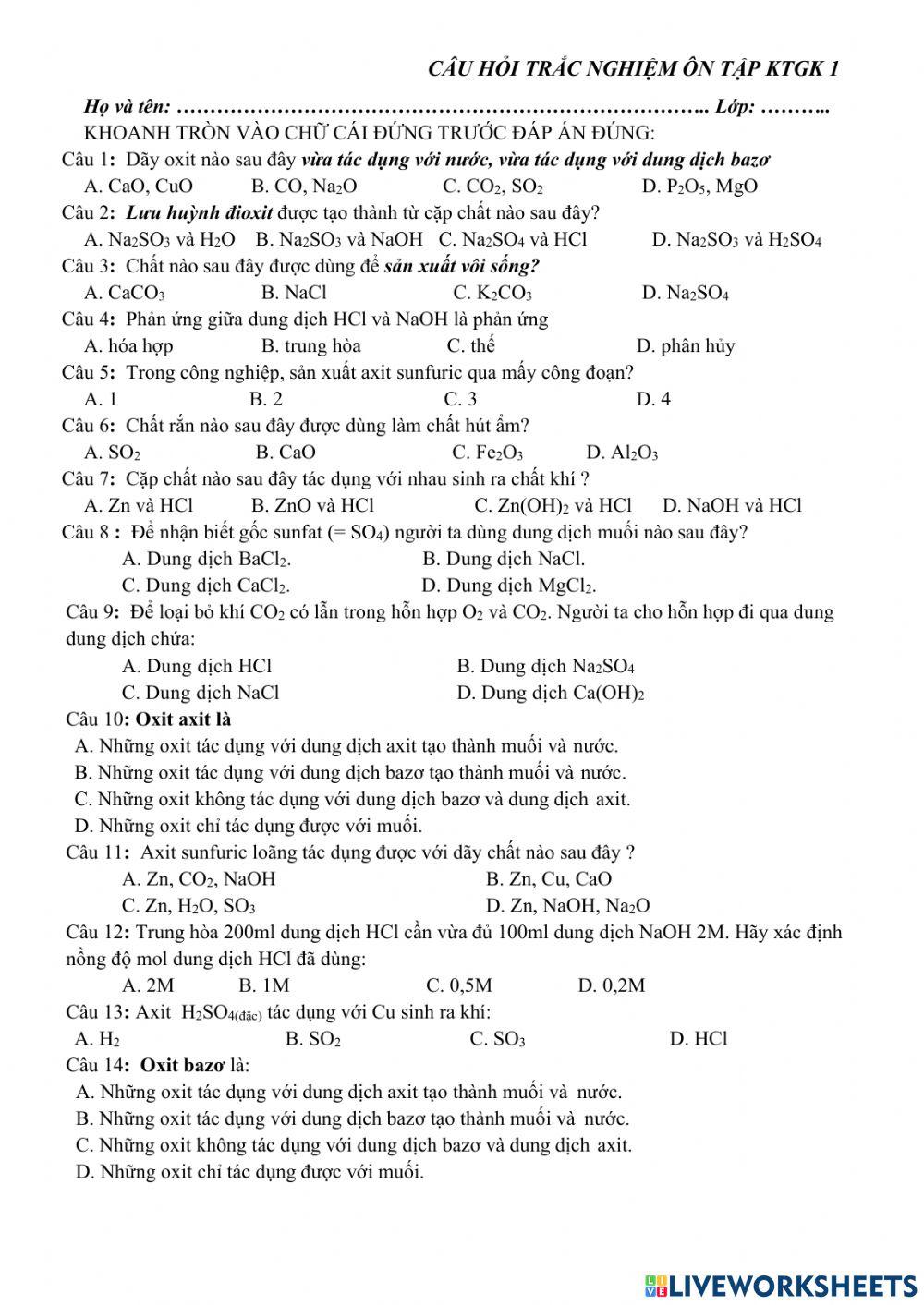 Hóa học 9 - ÔN TẬP GIỮA KÌ I