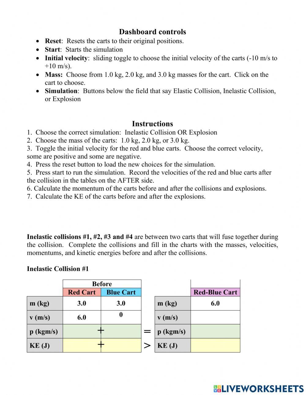 Simulation Inelastic Collisions Explosions worksheet Live Worksheets