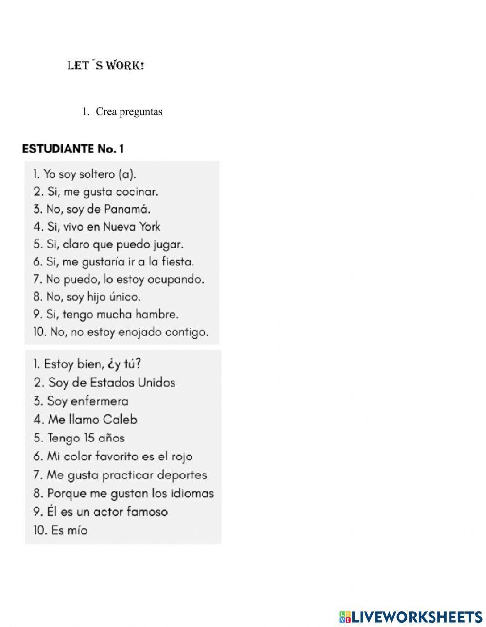 Questions in spanish worksheet live worksheets