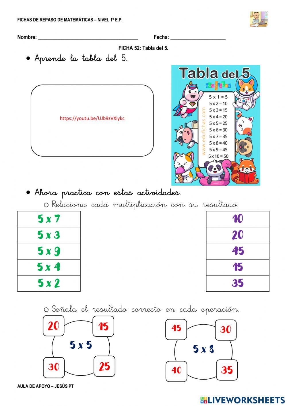Ficha Matemáticas 52-1EP-Multiplicar por 5 Ficha Matemáticas 52-1EP-Multiplicar por 5