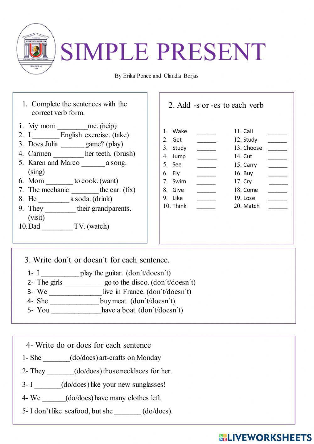 Simple Present Tense online exercise for Elementary | Live Worksheets
