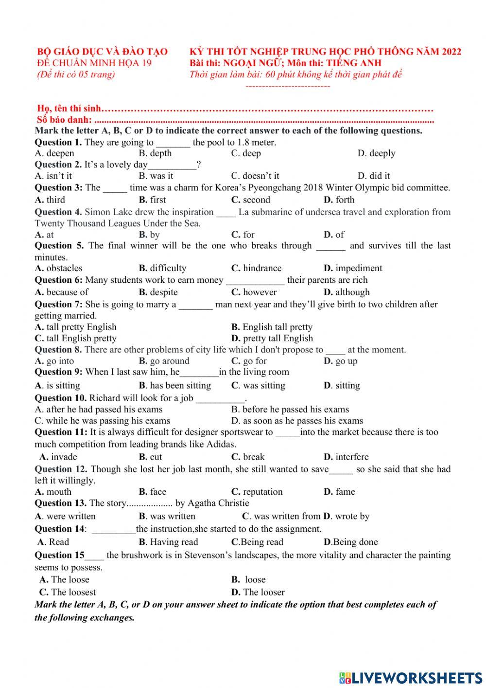 Đề TN số 19-2022