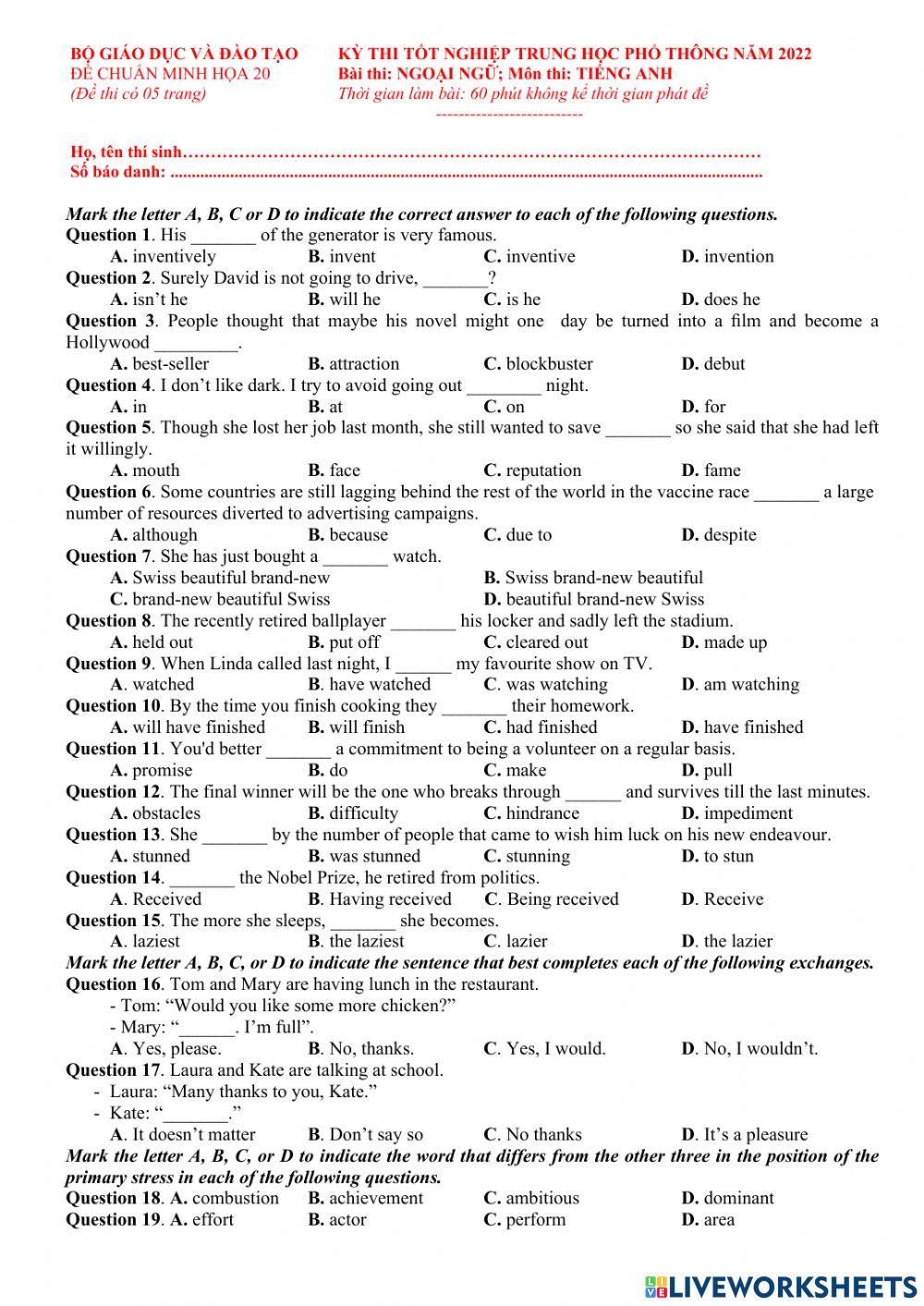 Đề TN số 20-2022