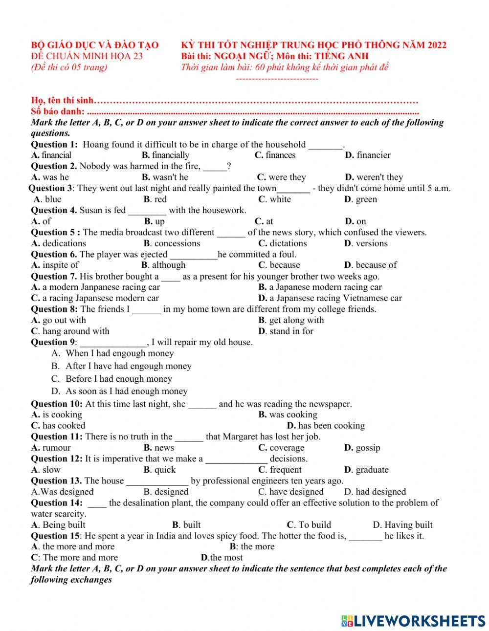 Đề TN số 23- 2022