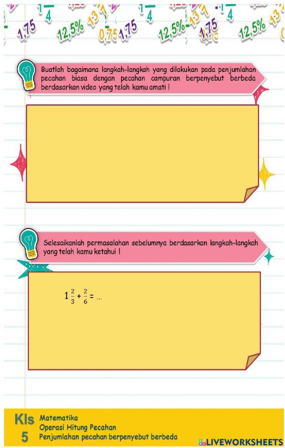 Lkpd penjumlahan pecahan berpenyebut berbeda