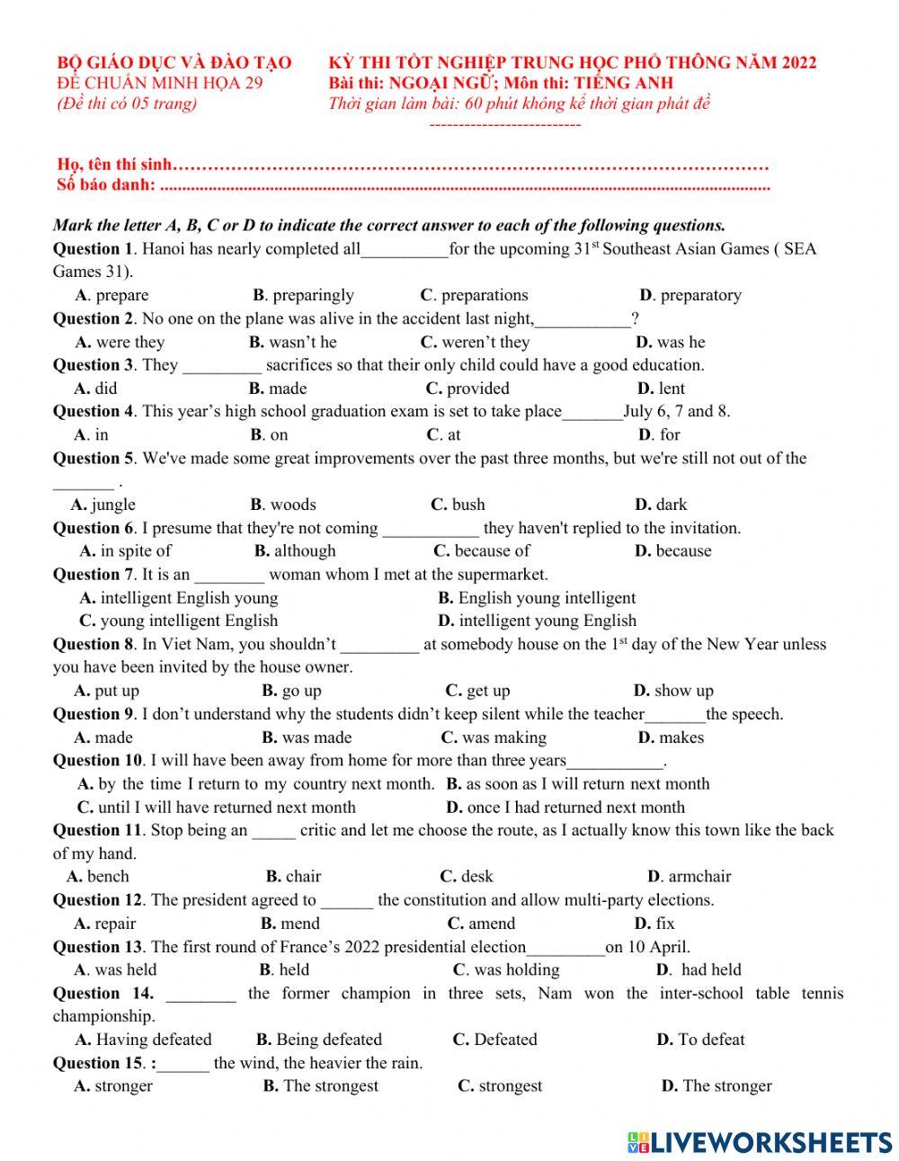 Đề TN số 29- 2022