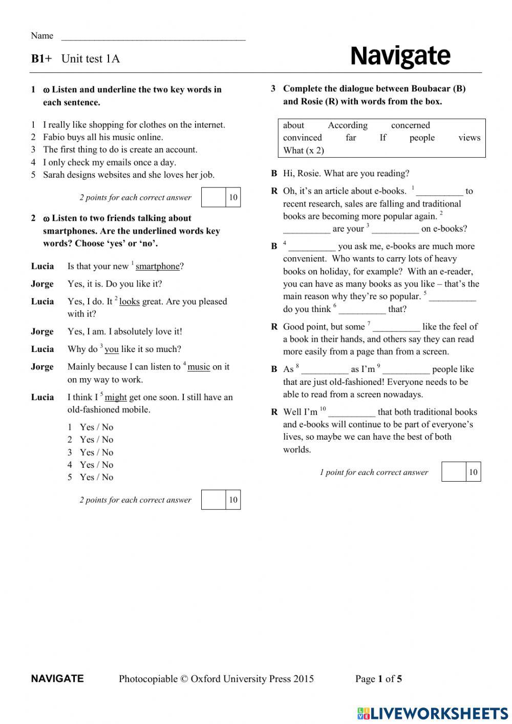 Navigate intermediate 1 unit worksheet live worksheets