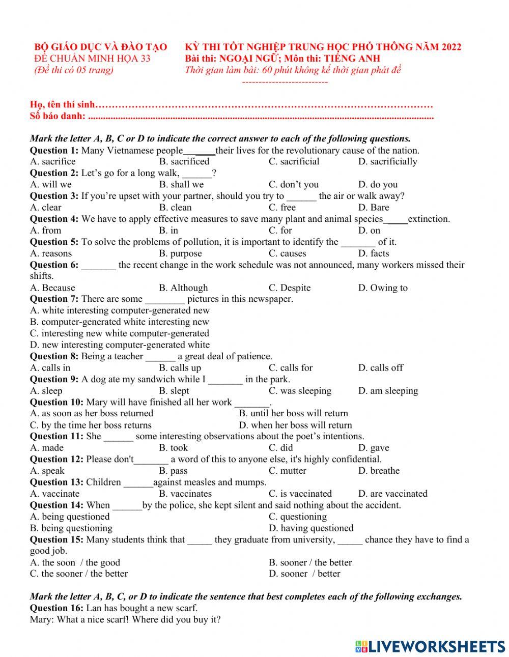 Đề TN số 33-  2022