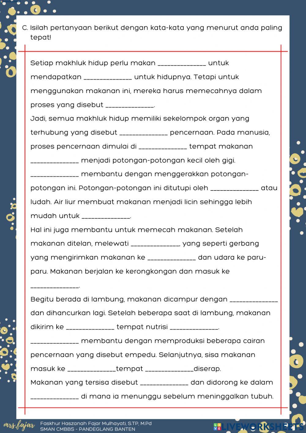 Worksheet sistem pencernaan