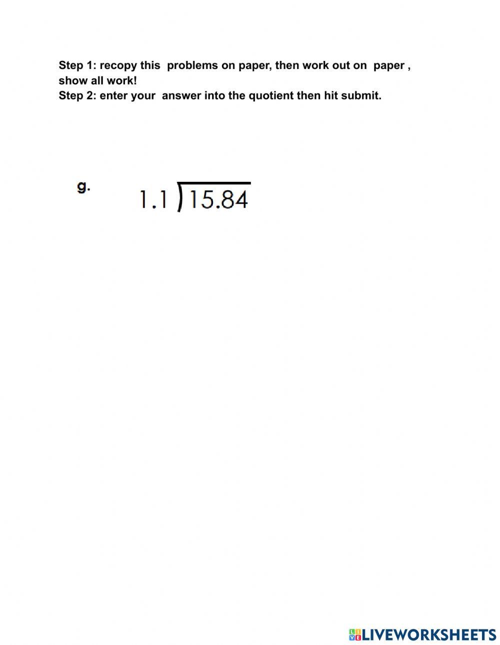 Dividing decimal quiz
