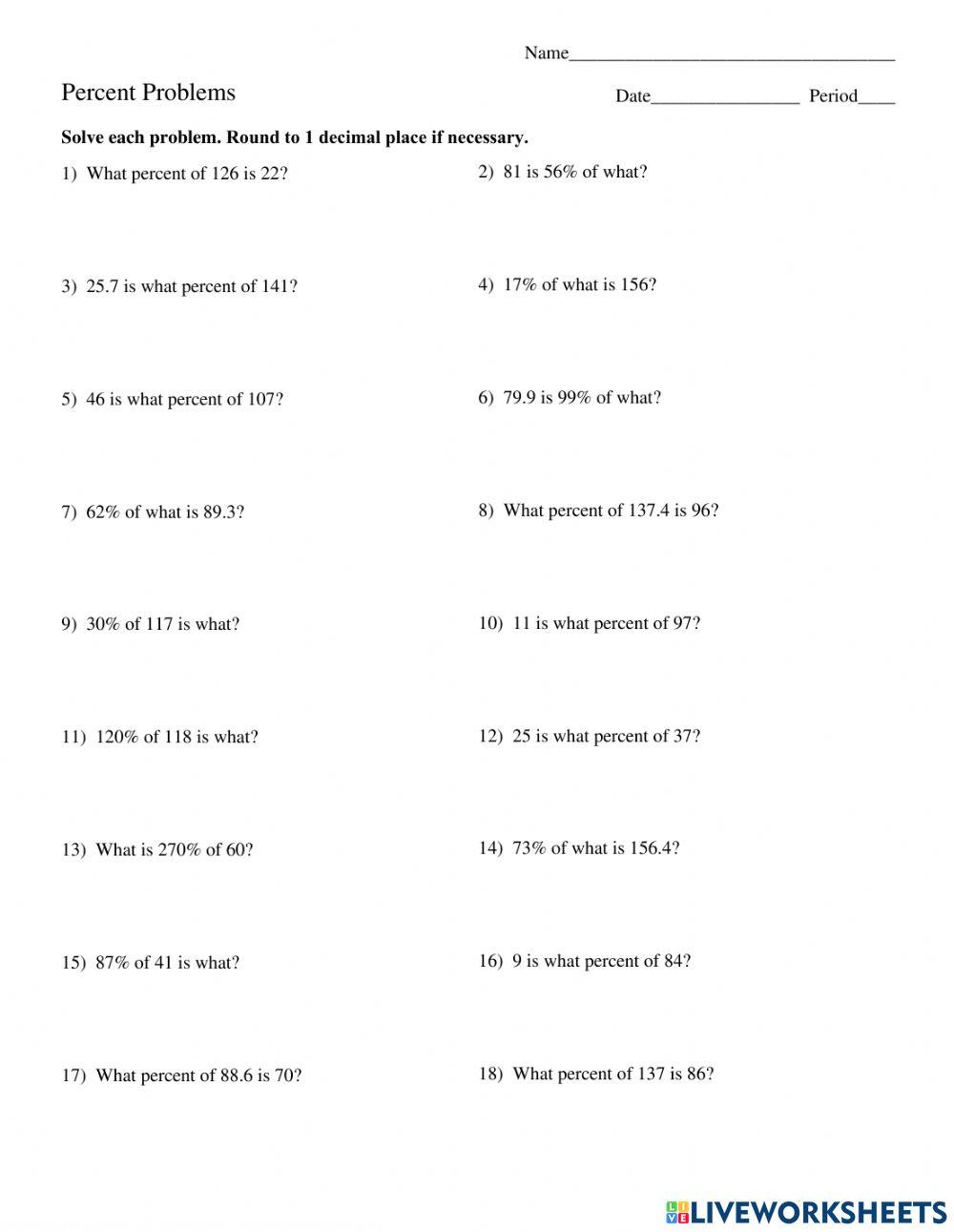 Percent Problems 3643473 | mlharris | Live Worksheets