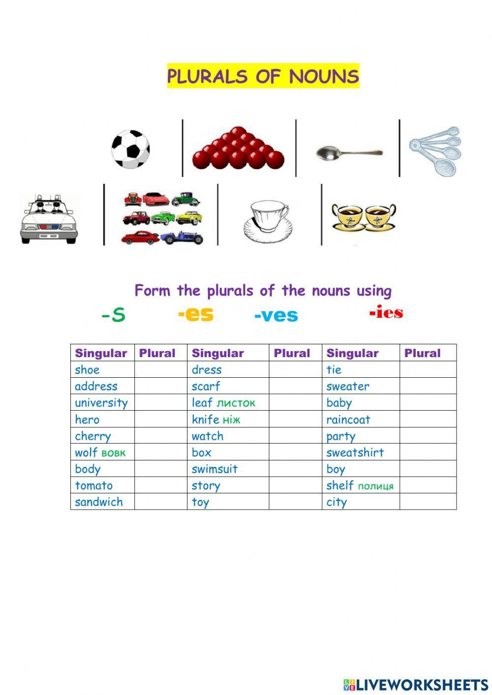Plurals of nouns (regular)