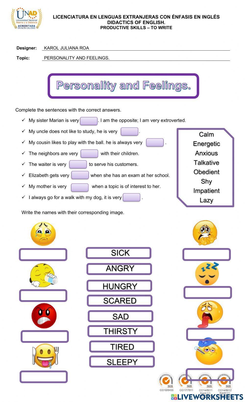 Personality and Feelings - Productive Skill