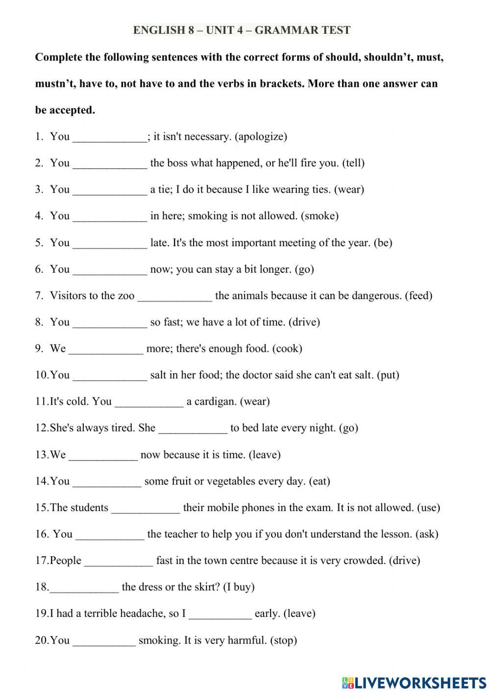 English 8 - Unit 4 - Grammar Test