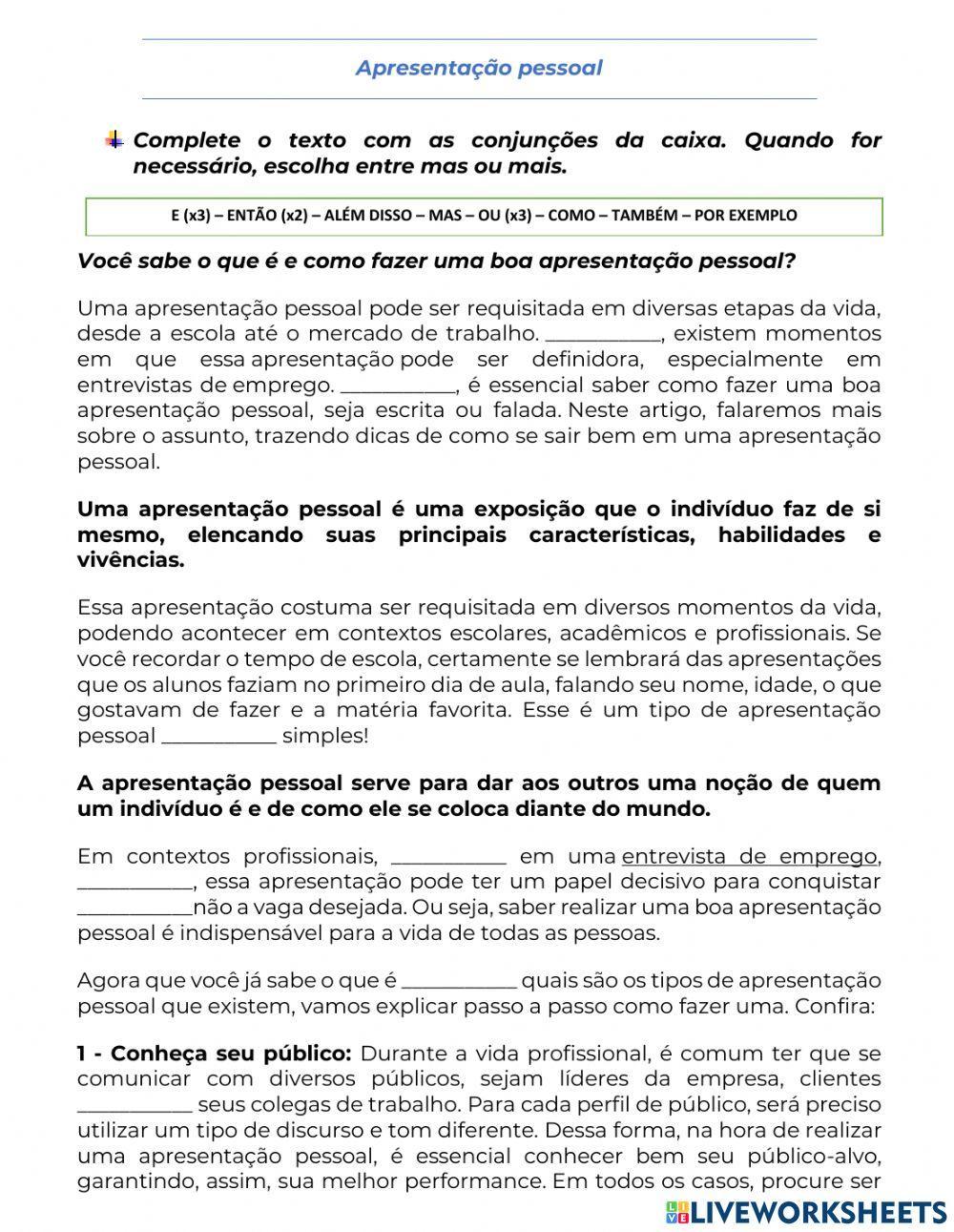 Conjunções complete o texto