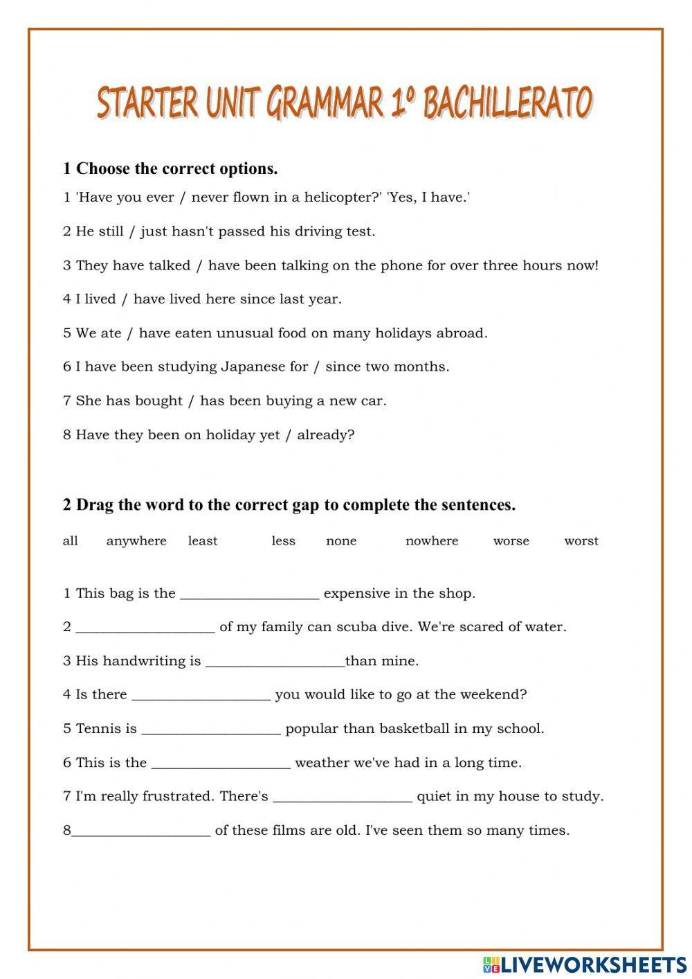 Starter Unit Grammar 1º Bachillerato