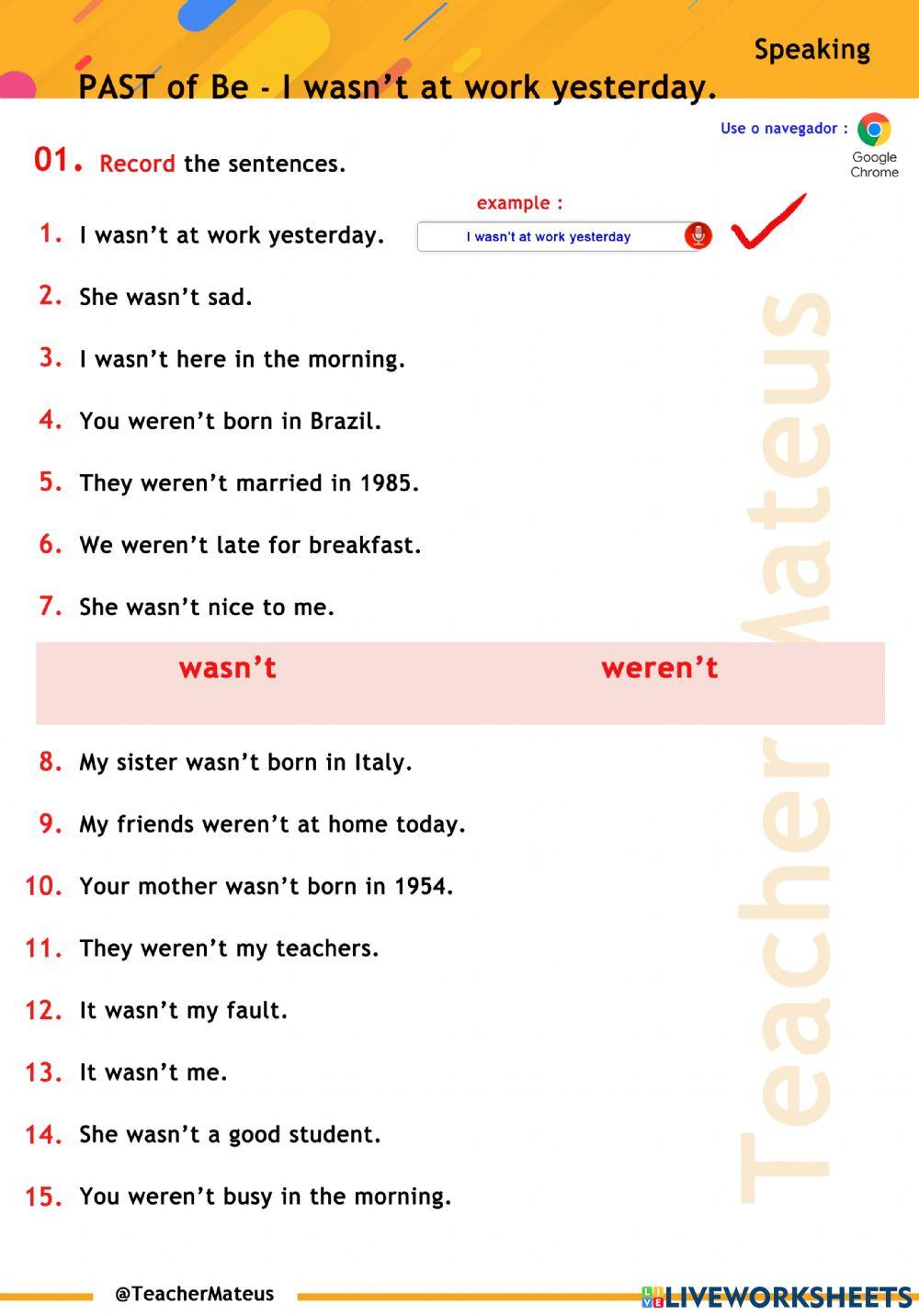 PAST of Be - I wasn't at work yesterday. - Speaking