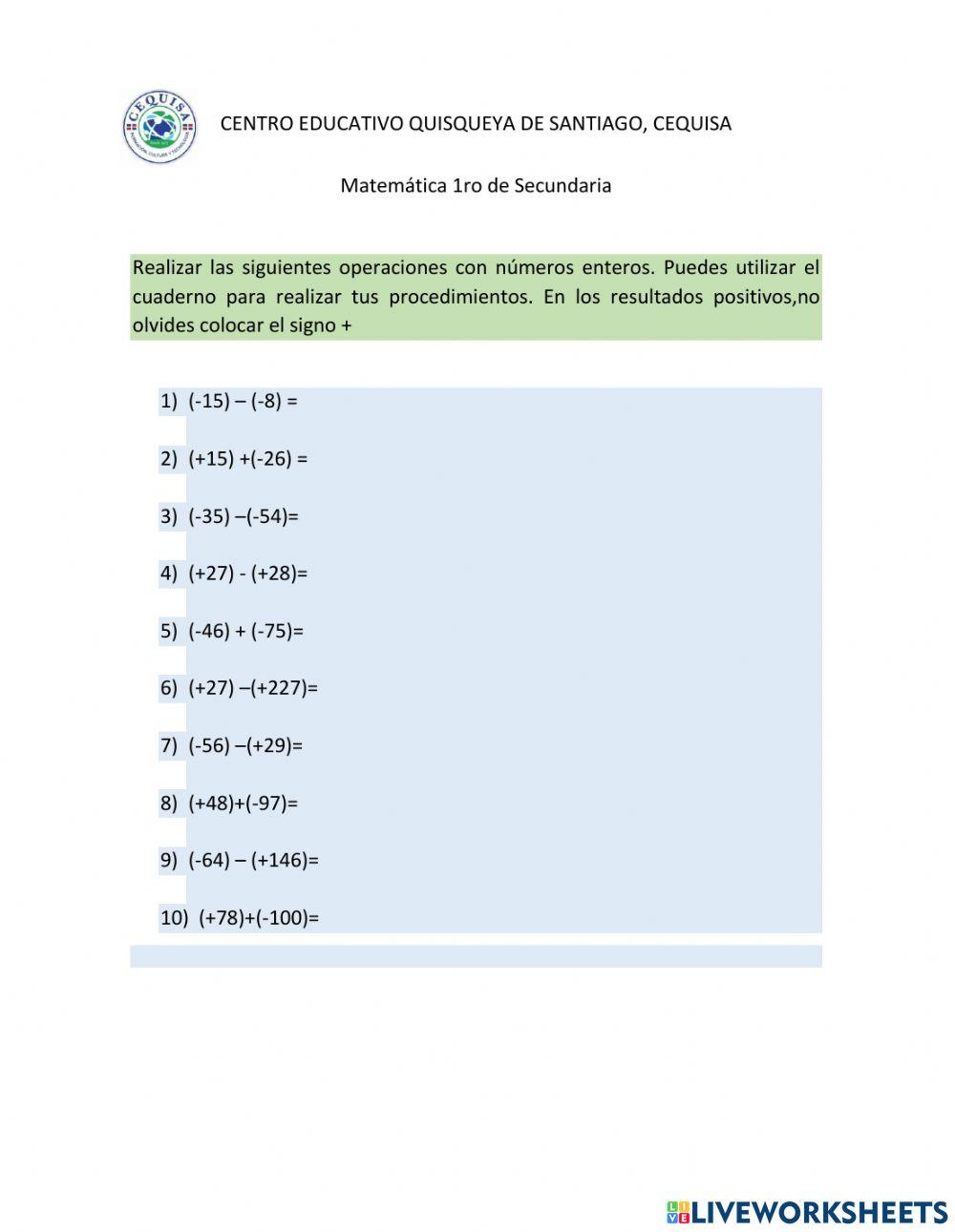 Adición y sustracción de números enteros