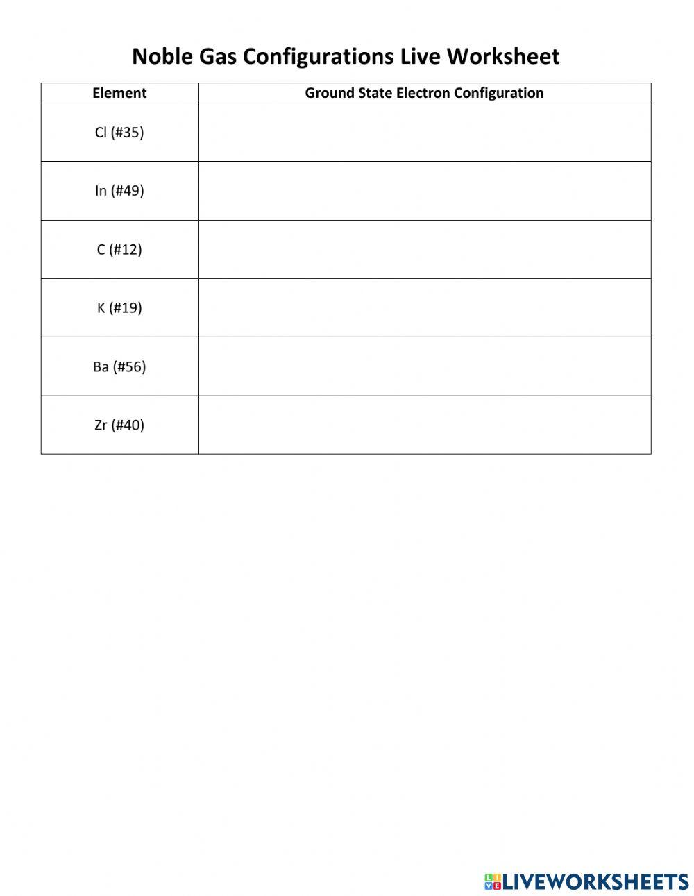 Noble Gas Configurations worksheet Live Worksheets