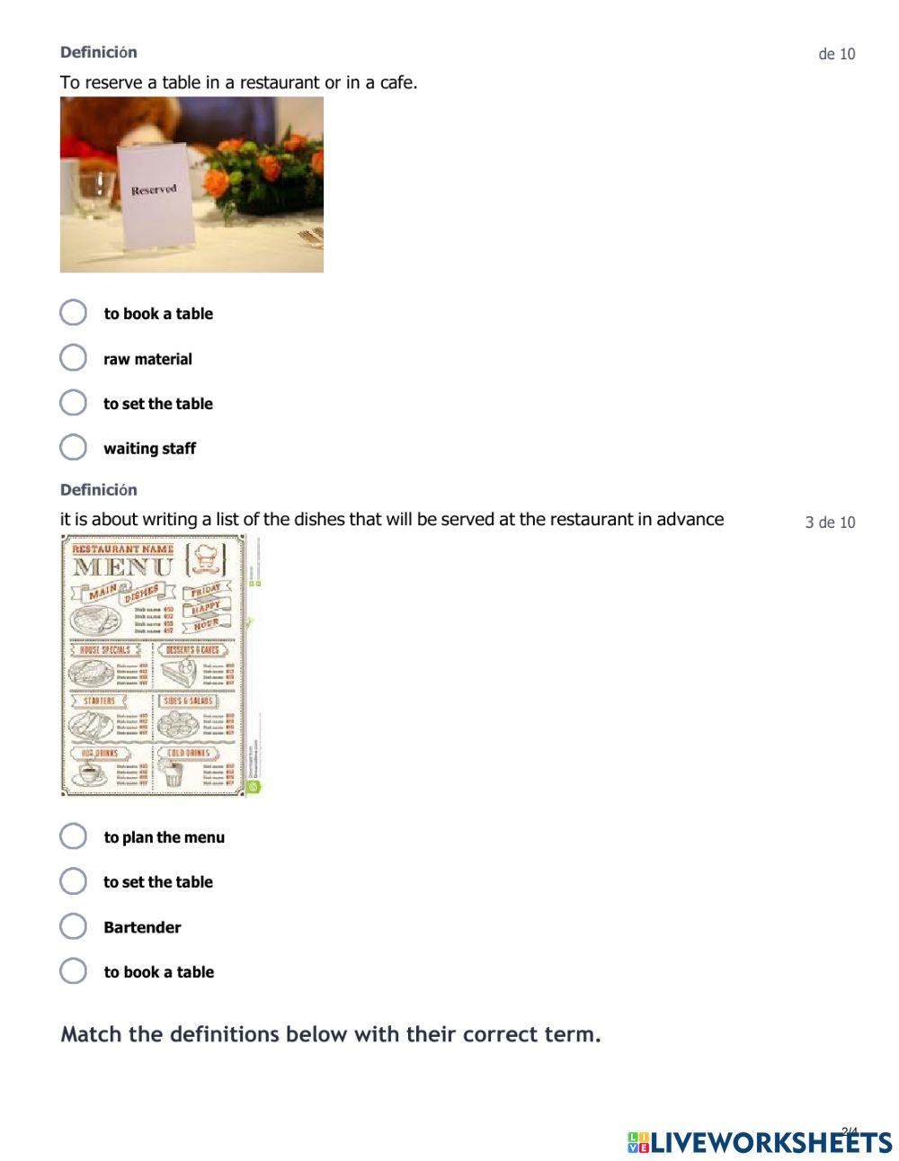 Restaurant staff and vocabulary