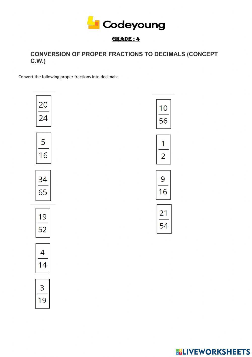 Conversion of proper fractions to decimals (concept c.w.)