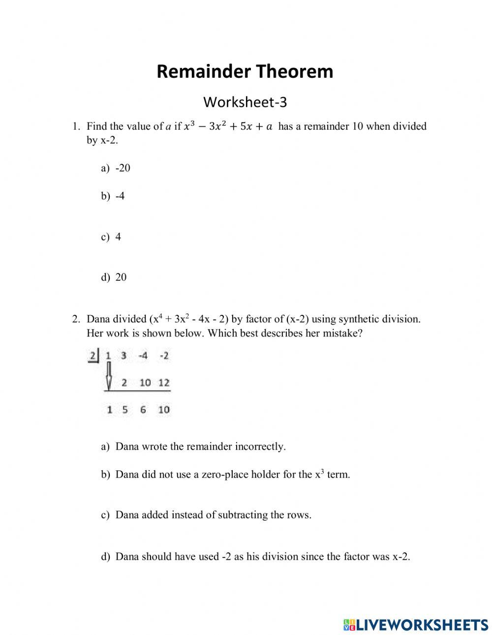 Remainder Theorem-Worksheet 3