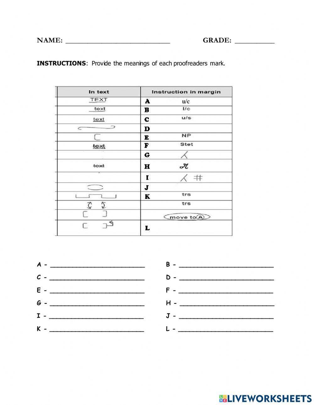 Proofreaders #39 Marks letters worksheet Live Worksheets