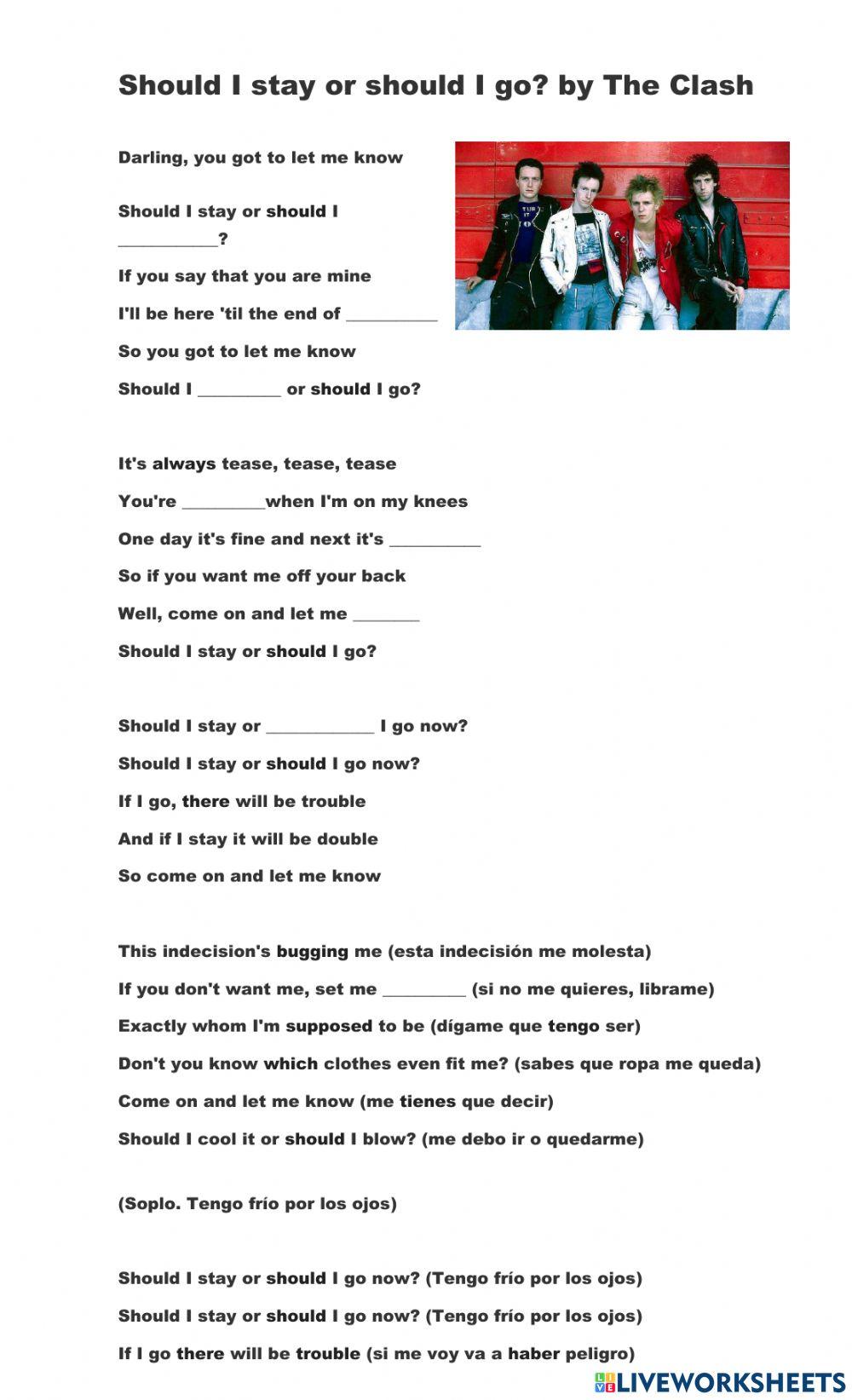 Song should i stay or should i go liveworksheets
