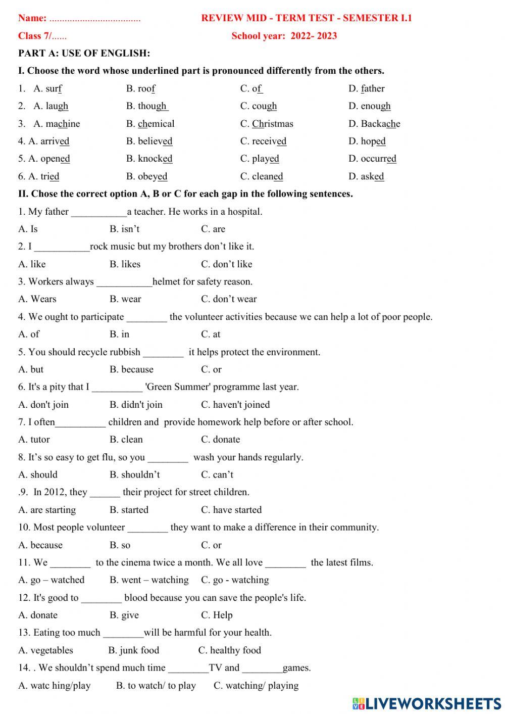 English 7- review for mid- term test semester i