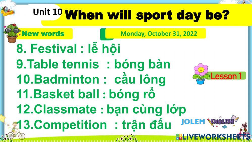 U10 when will sports day be?