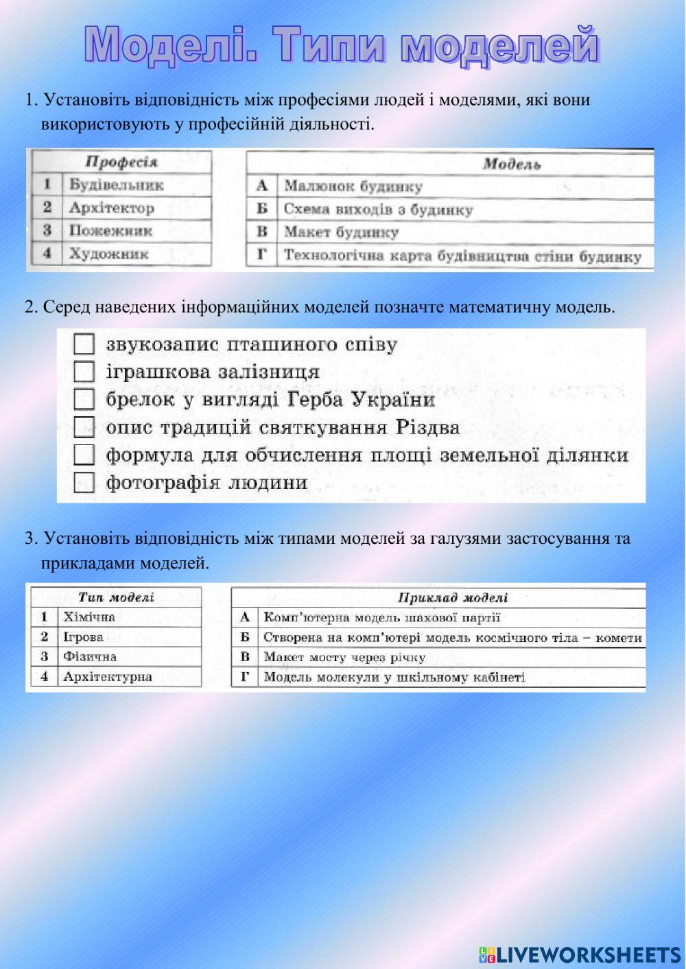 Моделі. Типи моделей worksheet | Live Worksheets