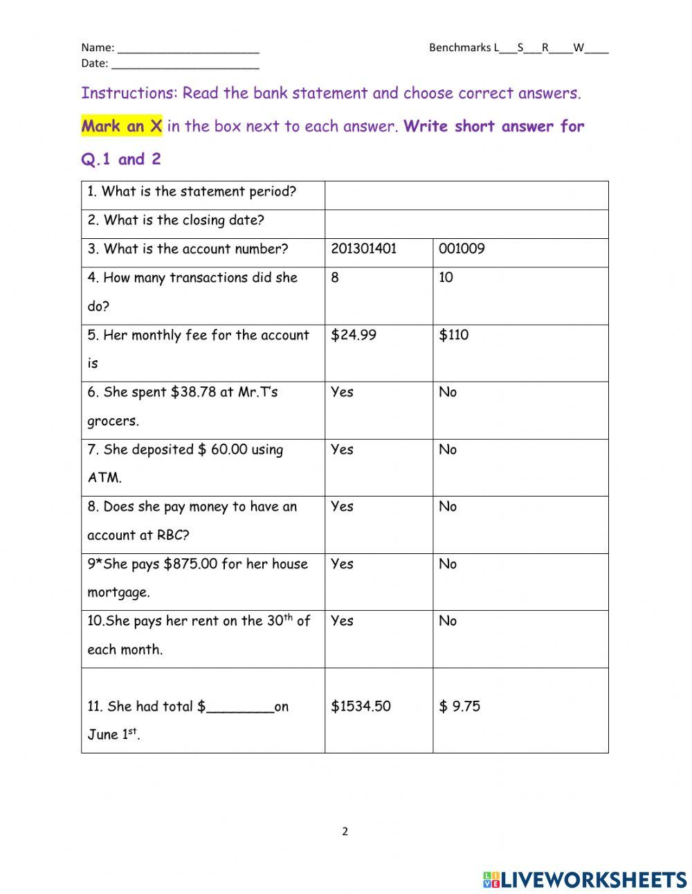 2.32.4 Reading a bank statement online exercise for Live Worksheets