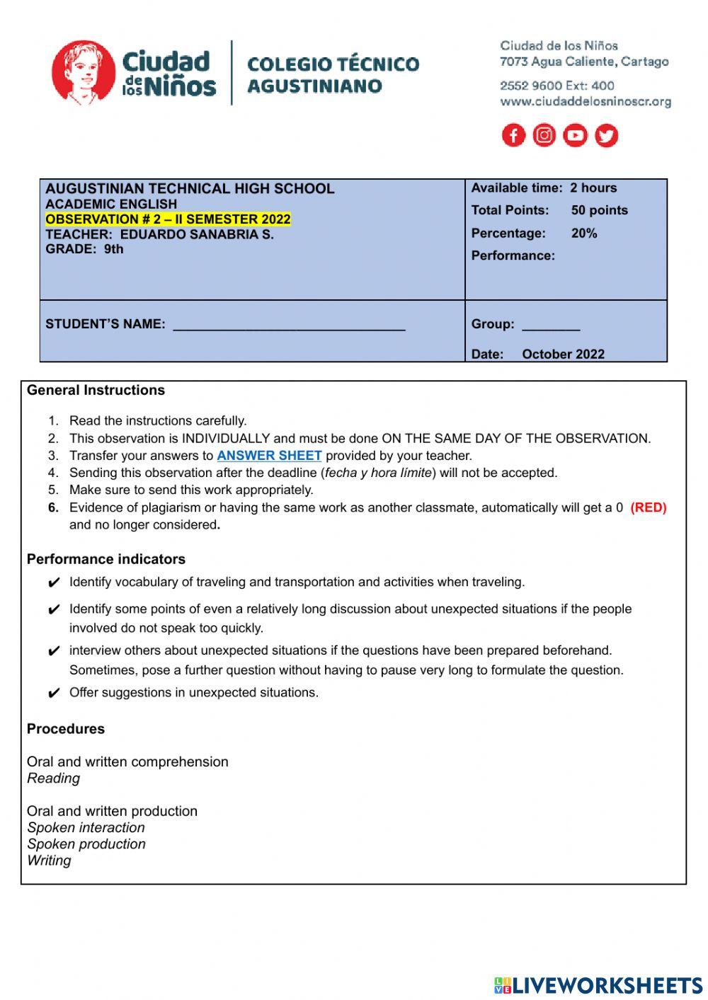 OBSERVATION - 2 - 9th GRADE - AUGUSTINIAN TECHNICAL HIGH SCHOOL