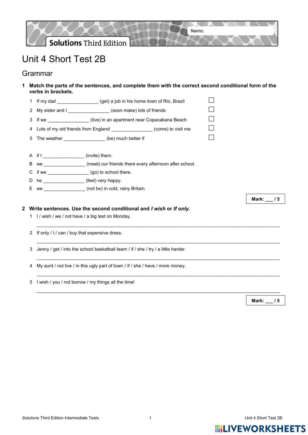 Unit 4 Short Test 2B - inter