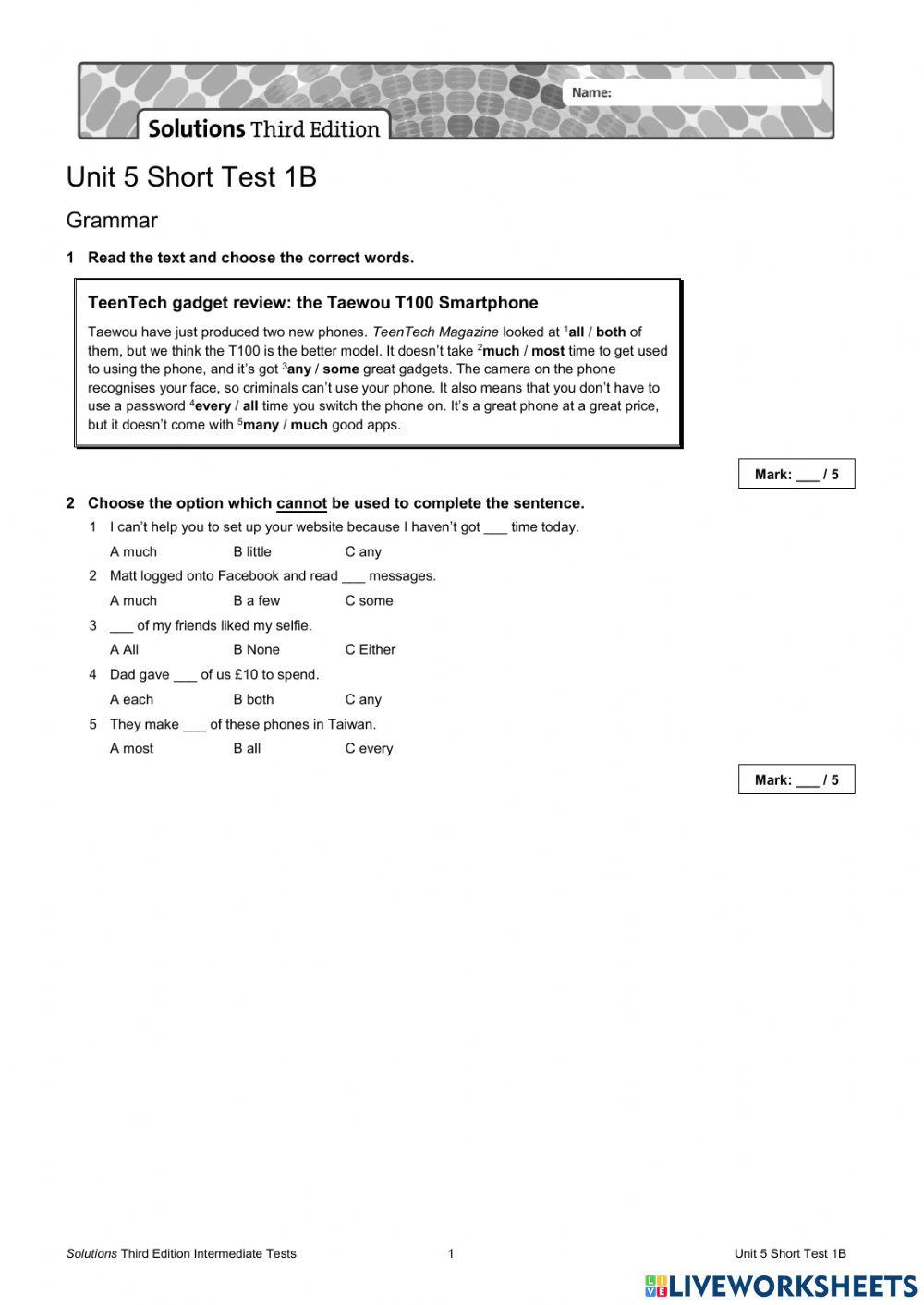 Unit 5 Short Test 1B - inter