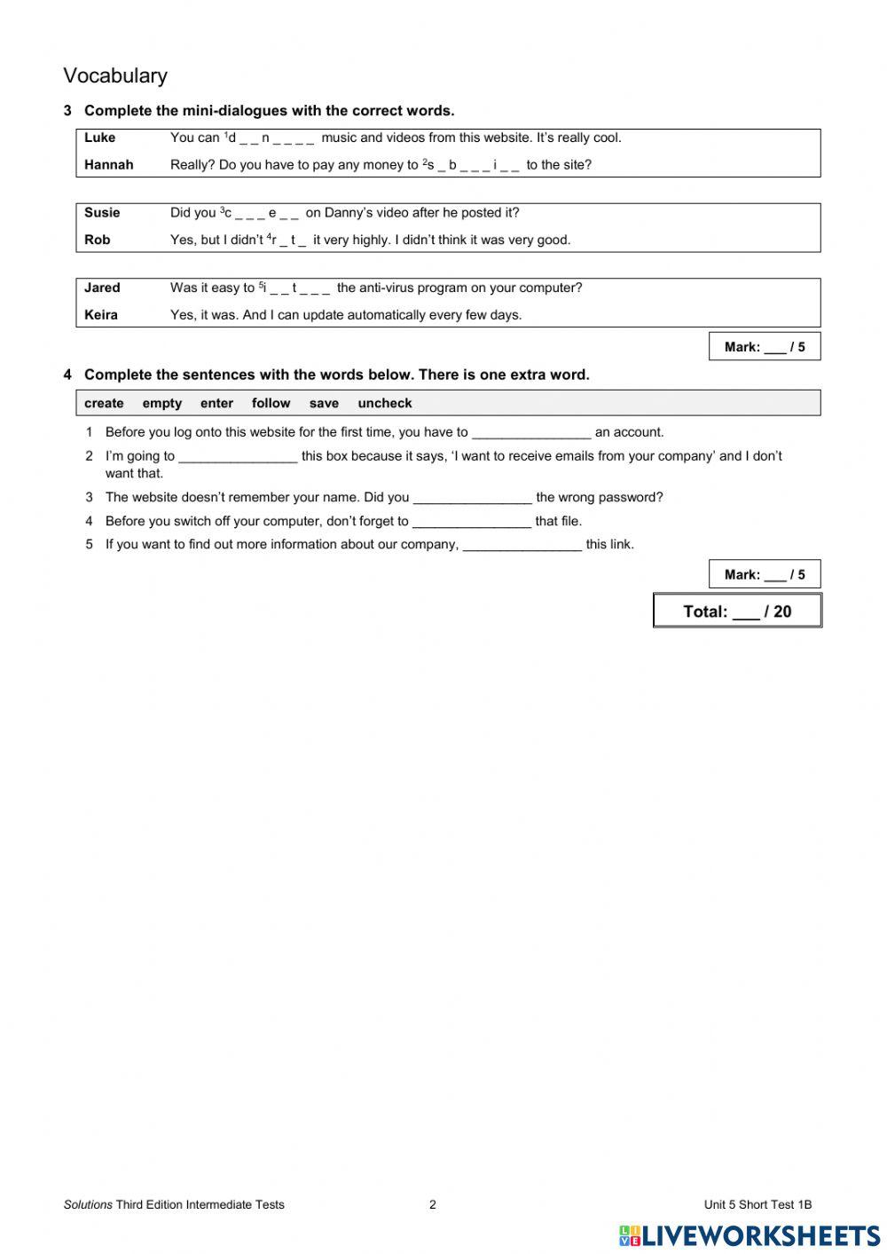 Unit 5 Short Test 1B - inter