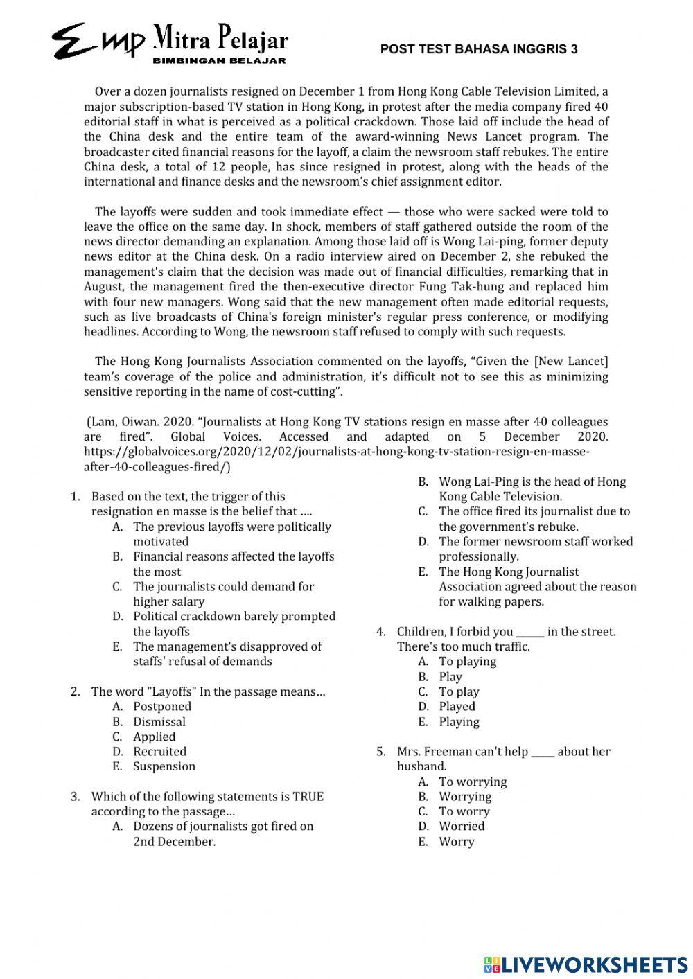 Posttest Bahasa Inggris 3