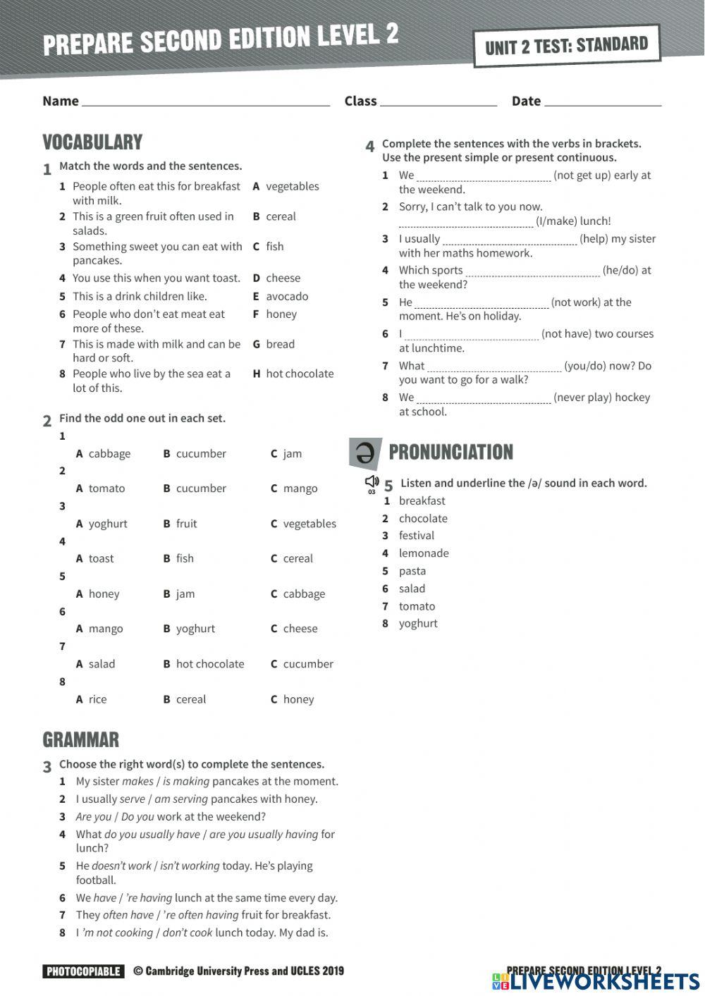 Prepare 2 unit 2 online exercise for live worksheets
