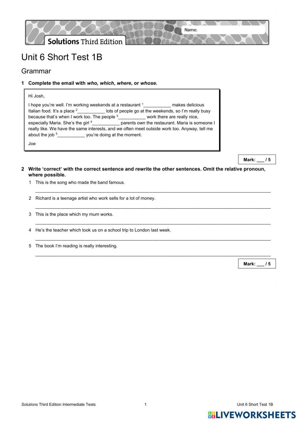 Unit 6 Short Test 1B - inter worksheet | Live Worksheets