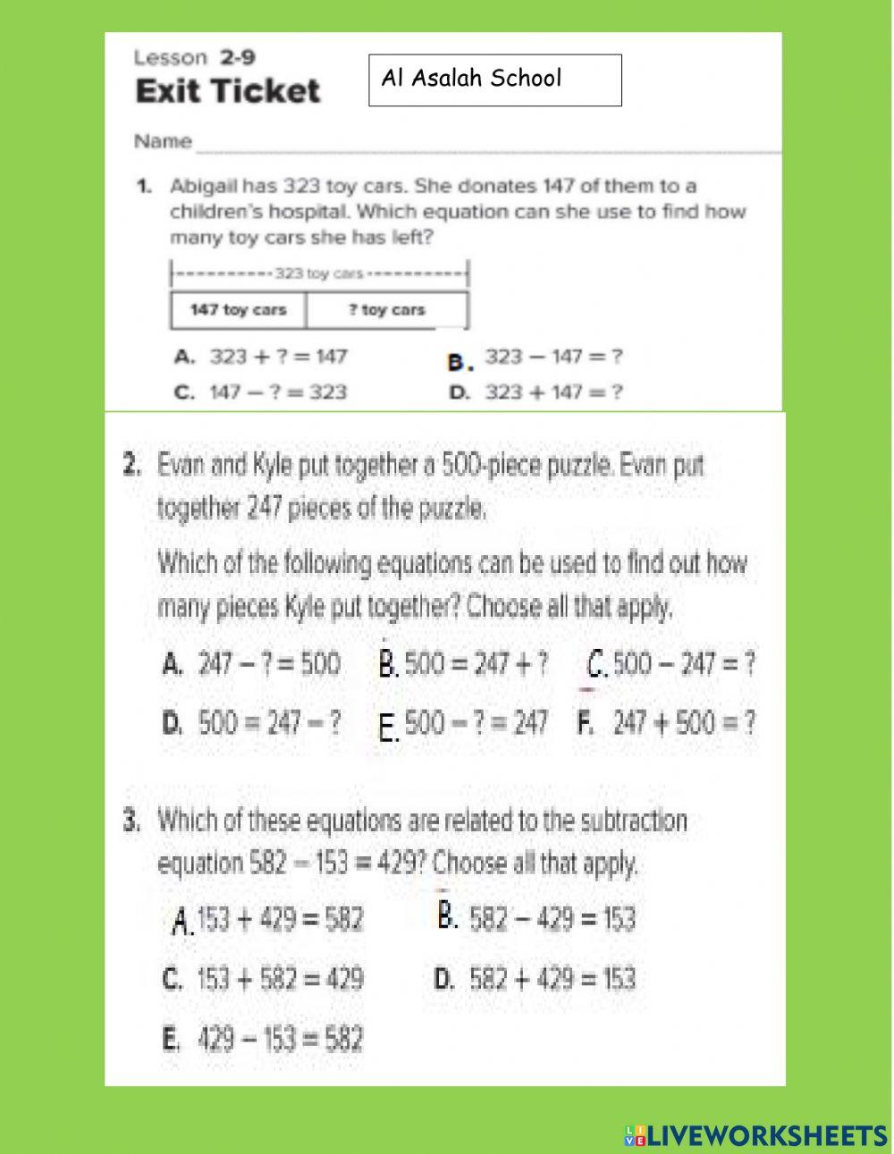 Lesson 2 9 using addition to subtract online exercise for live worksheets