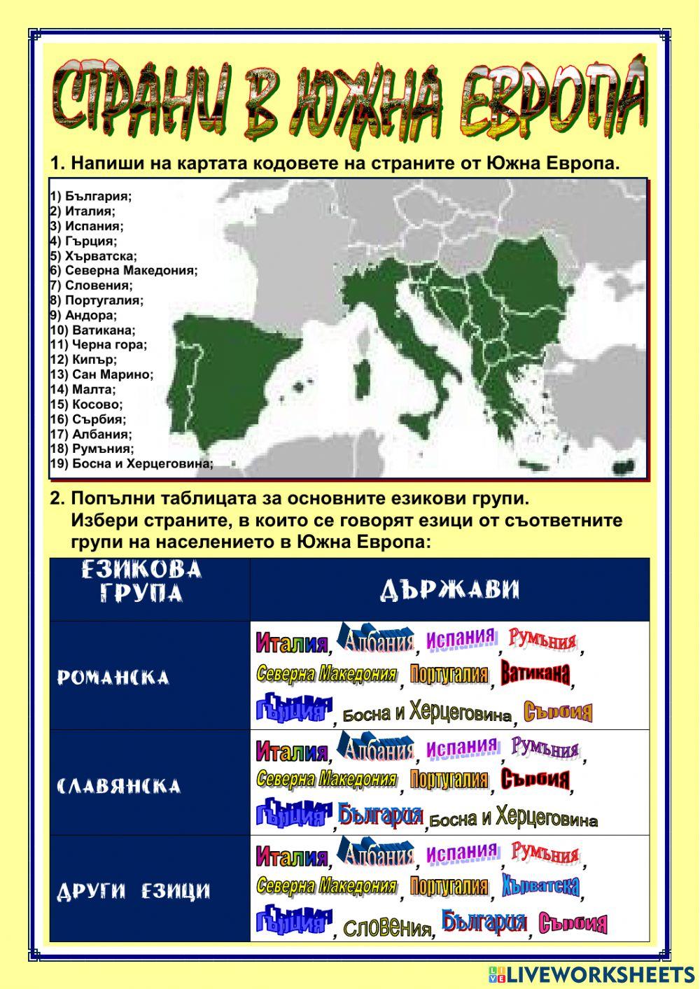 Страни в Южна Европа worksheet | Live Worksheets