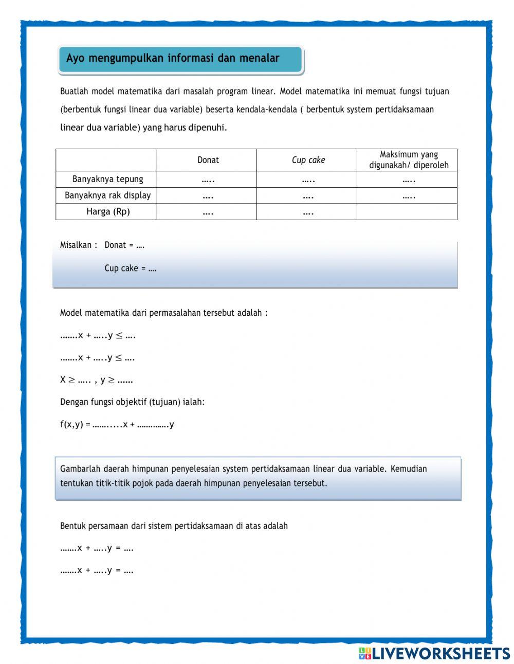 Lkpd program linear dua variabel worksheet | Live Worksheets